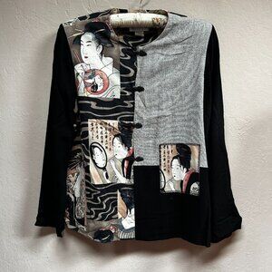 Vintage Aimee D Petites Women Geisha Graphic Art Chinese Frog Shirt Blouse Black